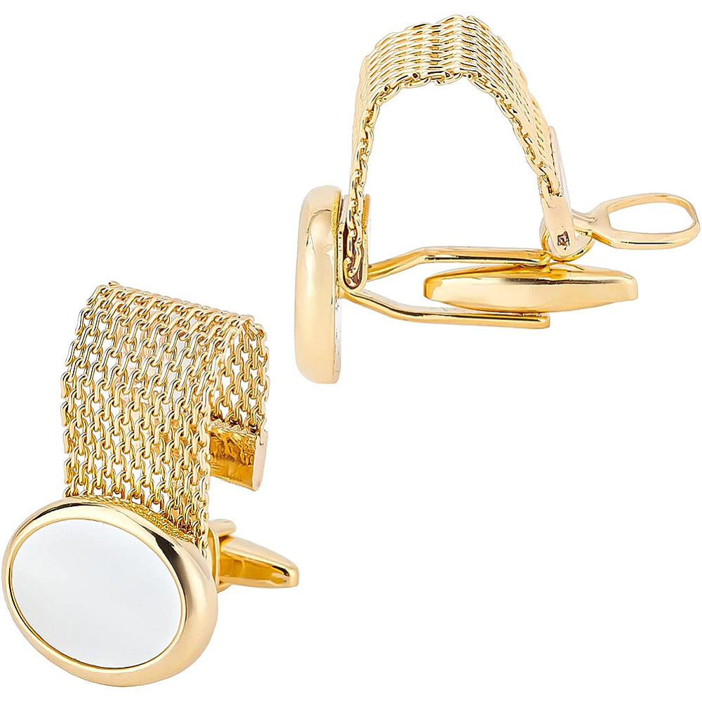 Brass Chain Cuffs Cufflinks, with White Shell, Cuff Buttons, Oval, Golden Unisex