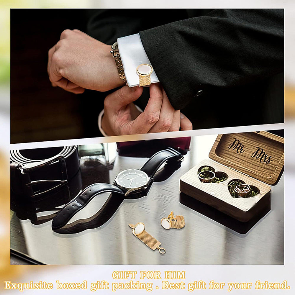 Brass Chain Cuffs Cufflinks, with White Shell, Cuff Buttons, Oval, Golden Unisex