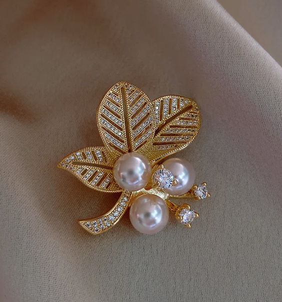 Gold Zircon Pearl Leaf Brooch for women