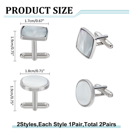 White Shell Cufflinks Unisex with Alloy Findings "Flat Round"