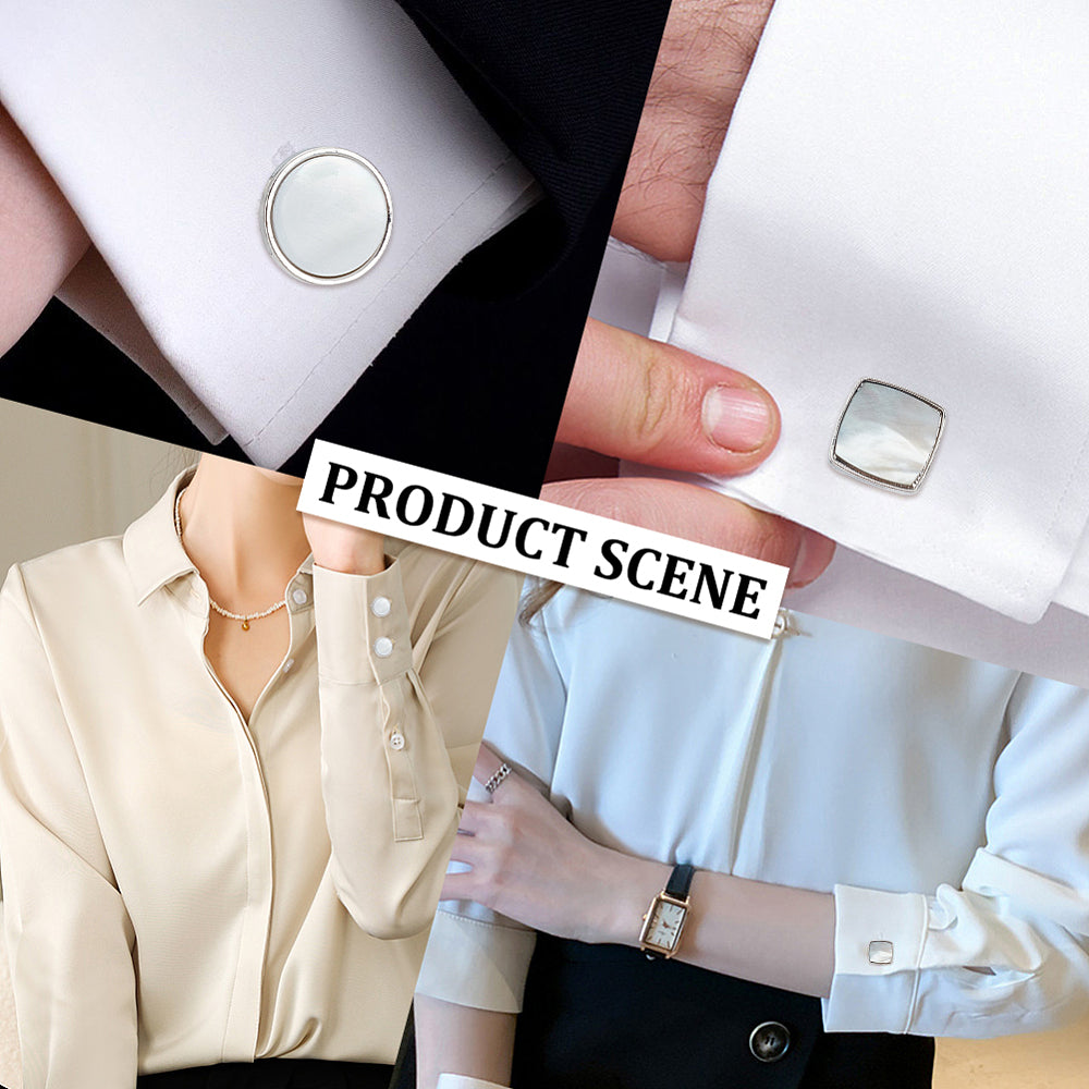 White Shell Cufflinks Unisex with Alloy Findings "Flat Round"