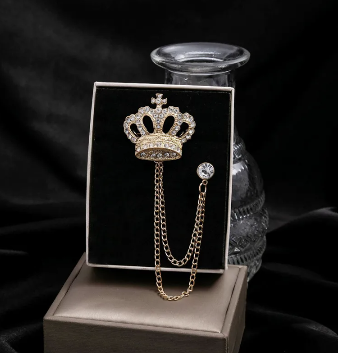 Gold Crown Geometric Chain Brooch Unisex