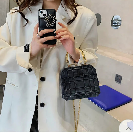 Black Grid Glossy Acrylic small Bag With Gold Bamboo Top Handle