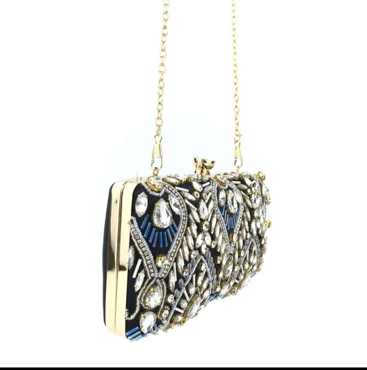 Royal Blue Gem Evening Clutch with Gold chain