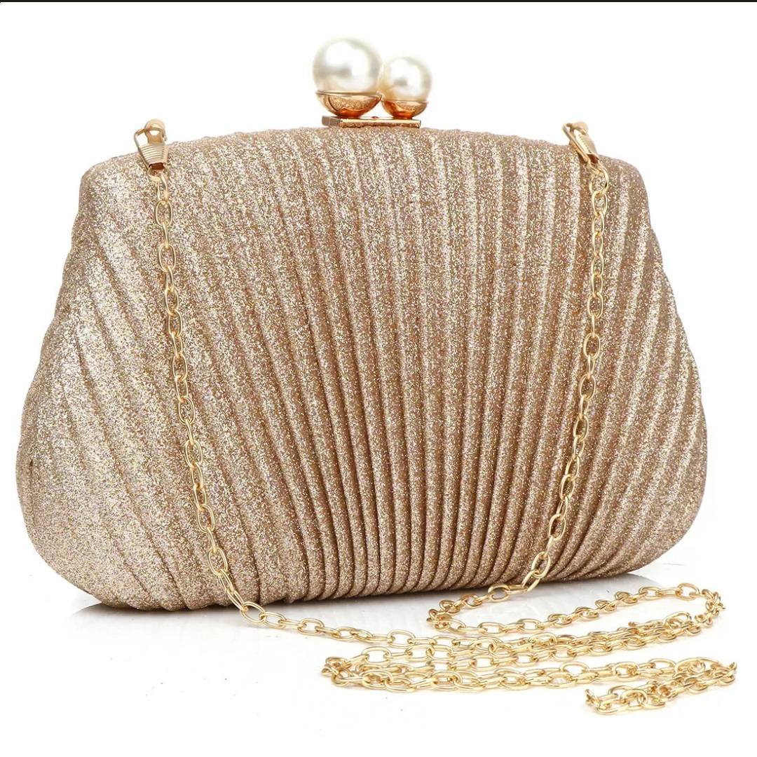 Luxe Gold Shell Glitter Evening Clutch with Chain