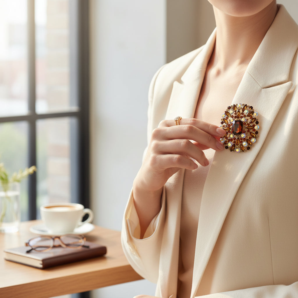 Brown Retro Pin Geometric Alloy Rhinestones