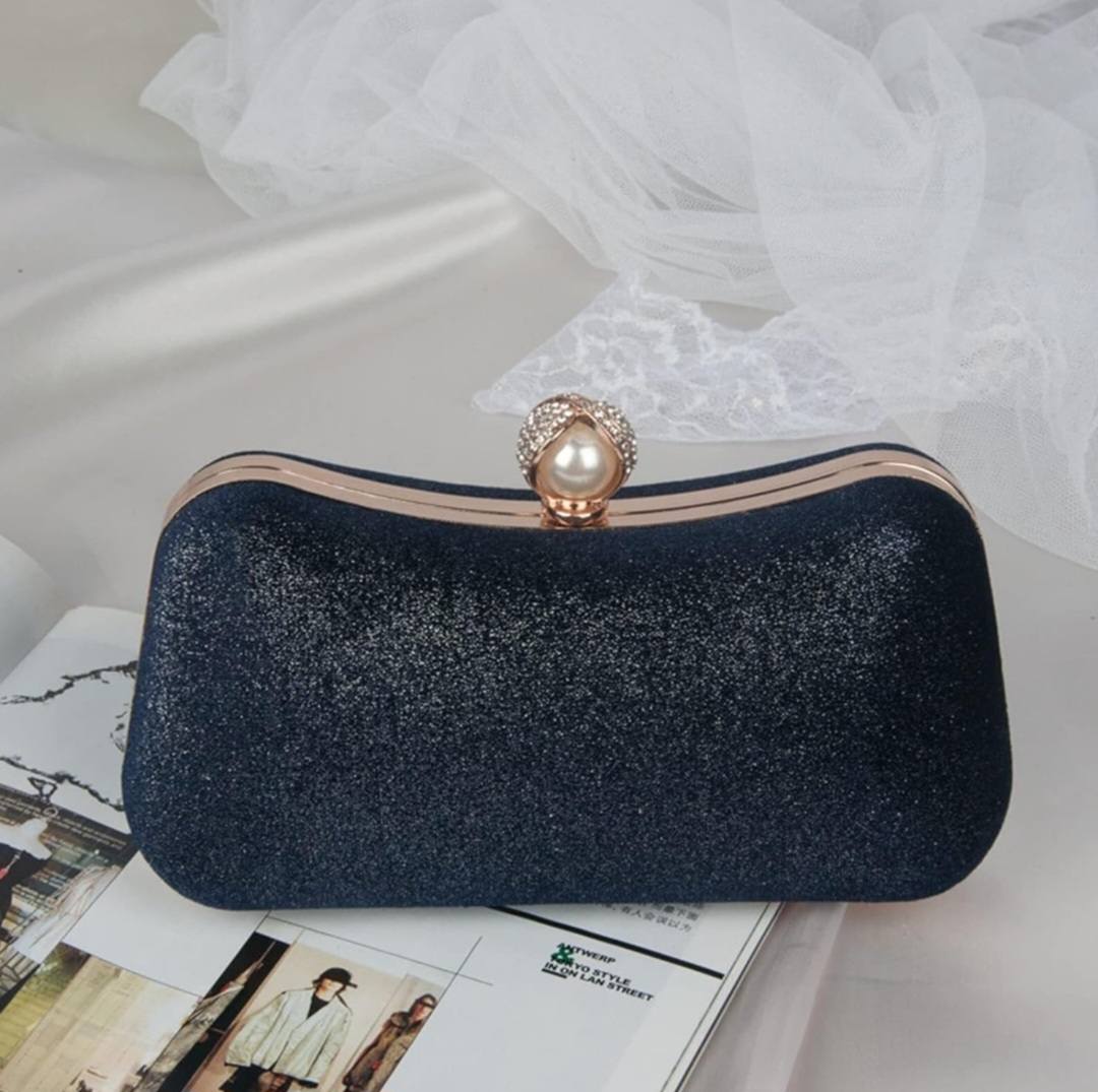 Midnight Black Pearl Silk Evening Clutch With Chain