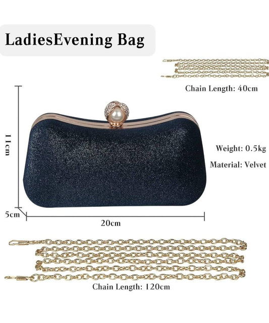 Midnight Black Pearl Silk Evening Clutch With Chain