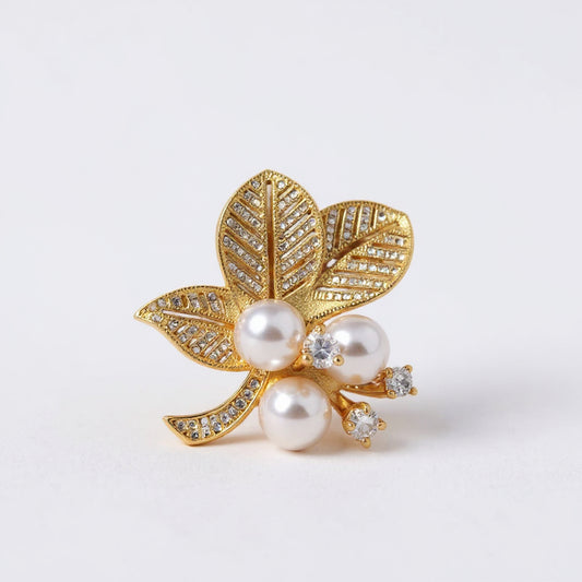 Gold Zircon Pearl Leaf Brooch for women
