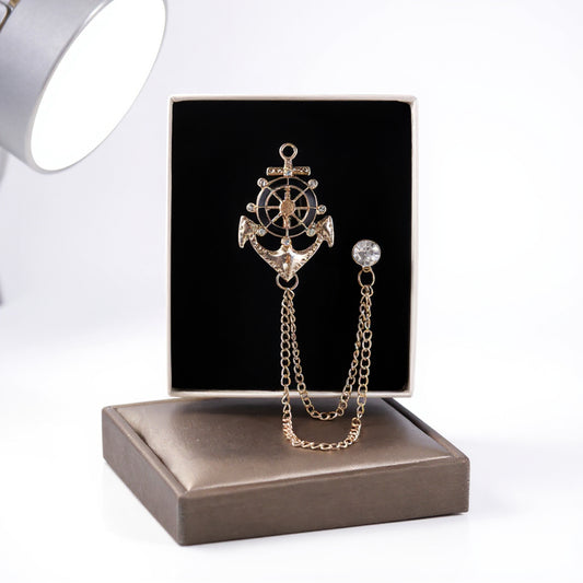 Elegant Gold Alloy Anchor & Helm Chain Brooch Unisex