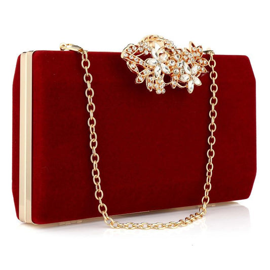 Red Velvet Evening Clutch/Bag with Crystal Gold Flora Clasp