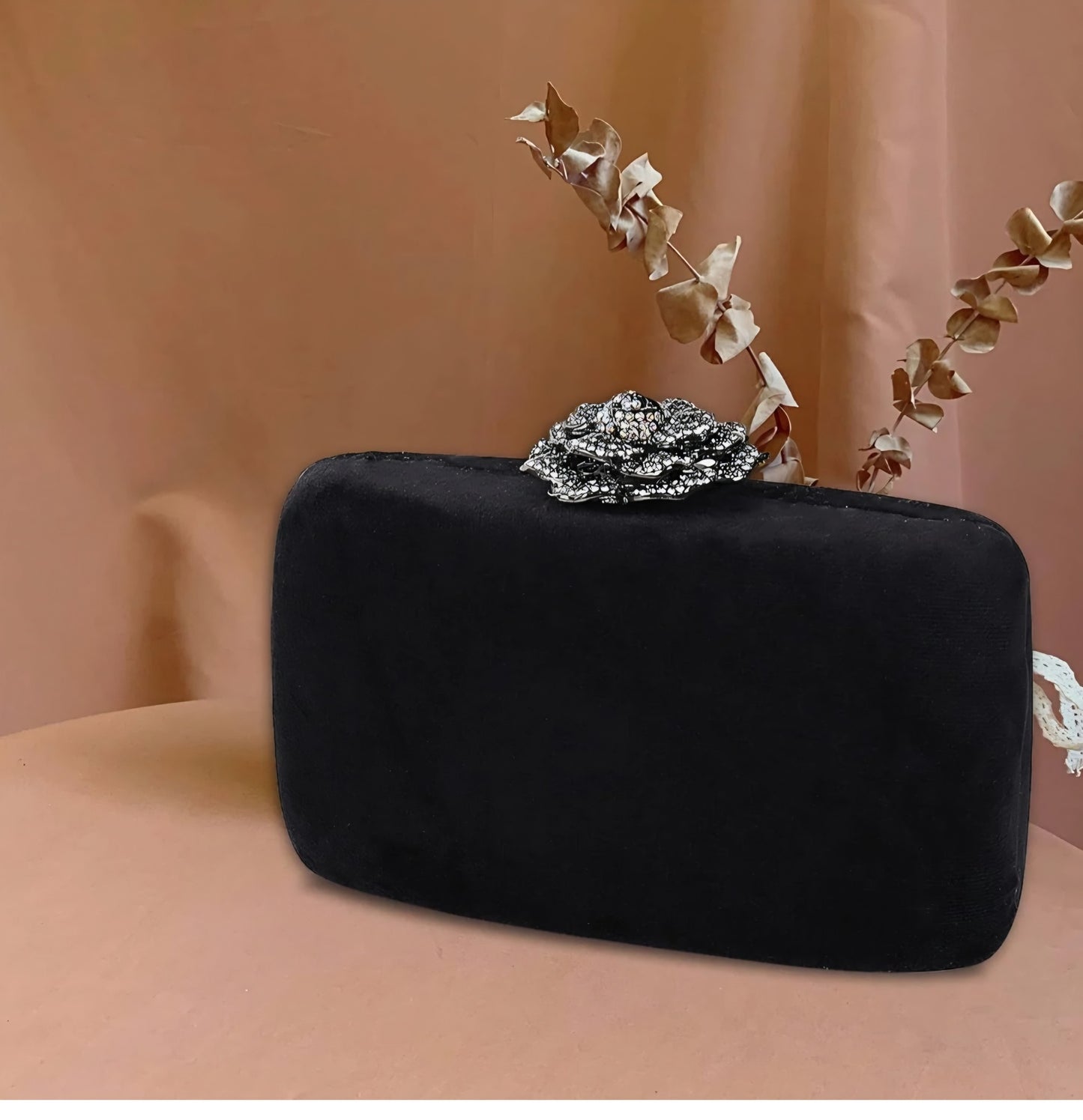 Black Velvet Evening Clutch with Sparkly Flower rhinestone Lock