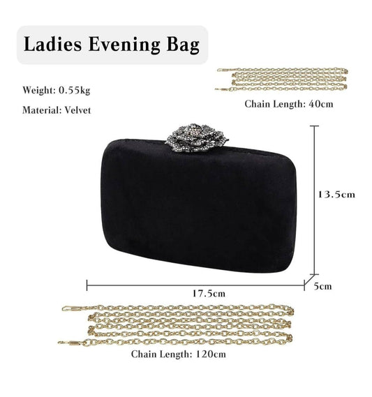 Black Velvet Evening Clutch with Sparkly Flower rhinestone Lock
