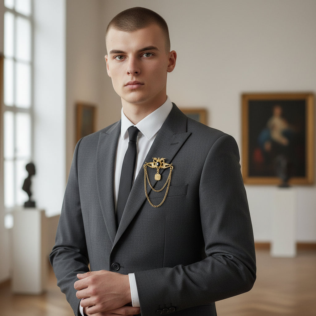 Elegant Gold Royal Crest Chain Brooch Unisex