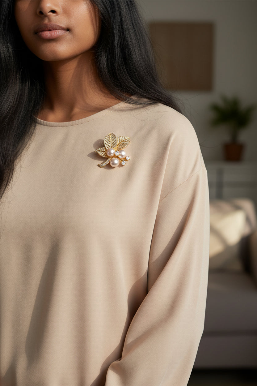 Gold Zircon Pearl Leaf Brooch for women