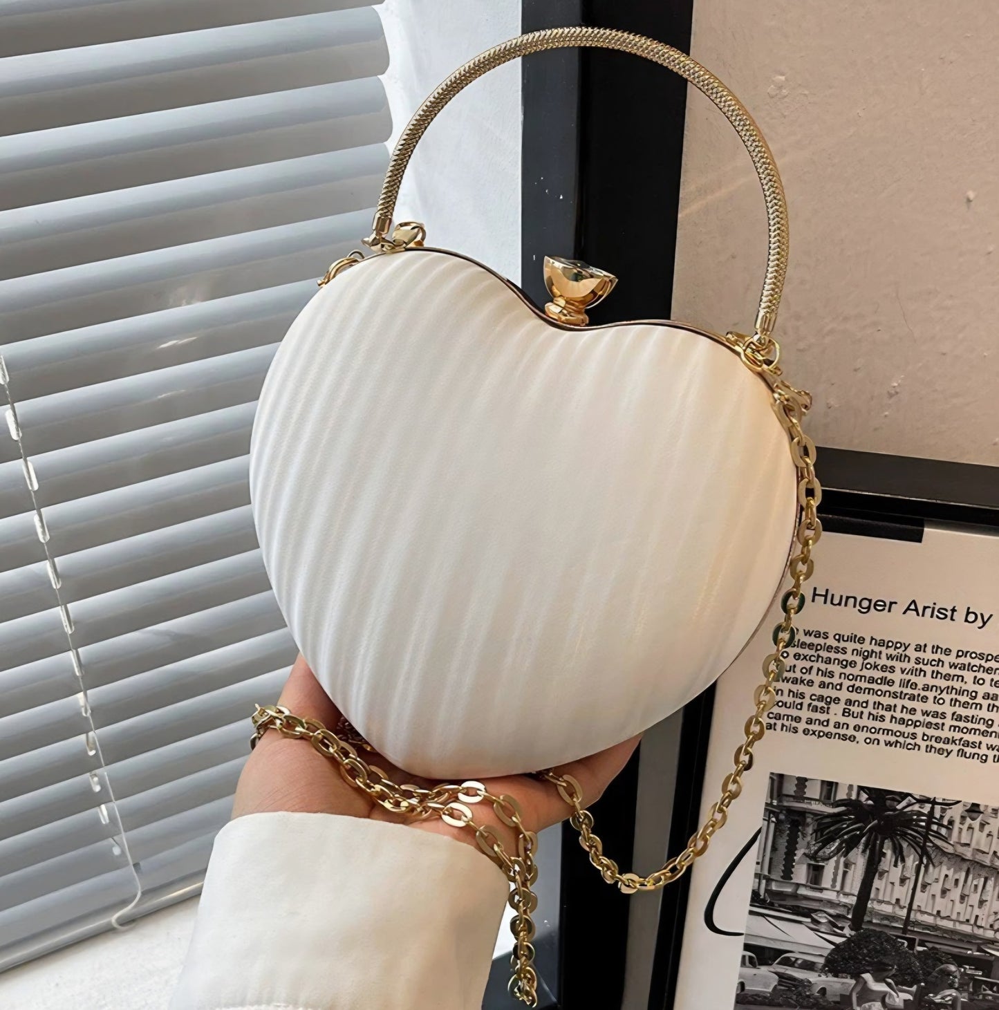 Light Gray Heart Shaped Evening Bag with Golden Chain