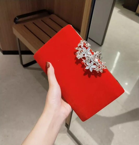 Red Velvet Evening Clutch/Bag with Crystal Gold Flora Clasp