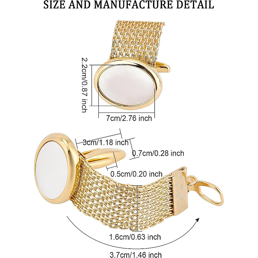Brass Chain Cuffs Cufflinks, with White Shell, Cuff Buttons, Oval, Golden Unisex