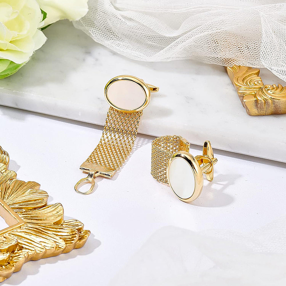 Brass Chain Cuffs Cufflinks, with White Shell, Cuff Buttons, Oval, Golden Unisex