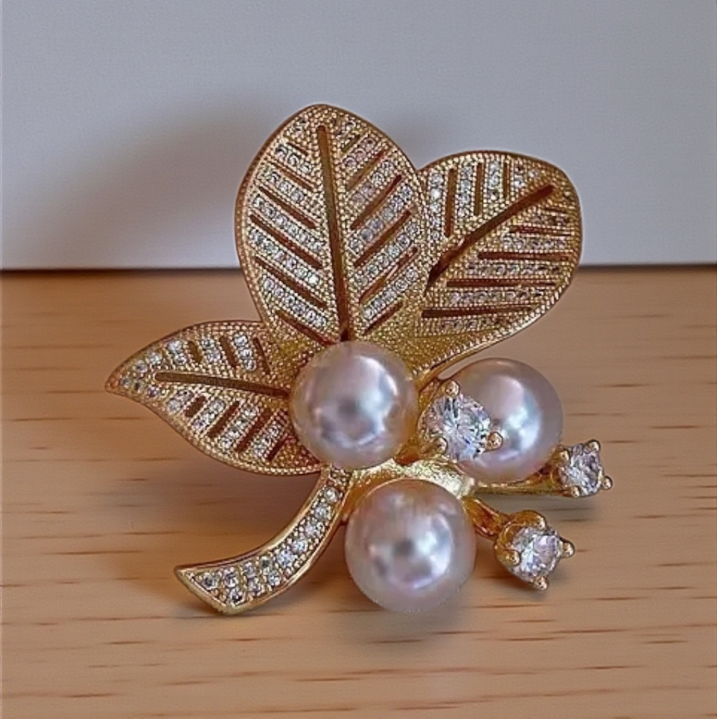 Gold Zircon Pearl Leaf Brooch for women