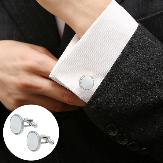 White Shell Cufflinks Unisex with Alloy Findings "Flat Round"