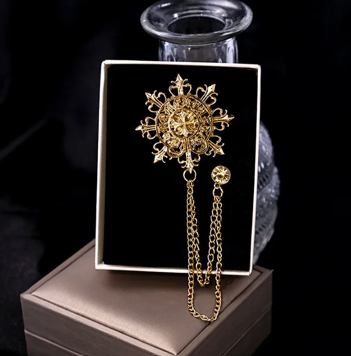 Geometric Gold Ornate Chain Brooch Unisex