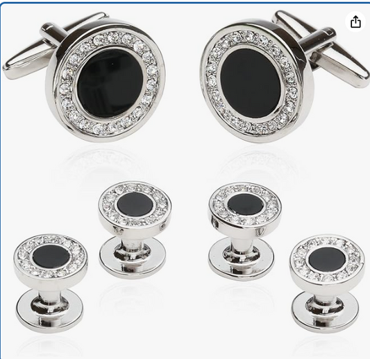 Flat Round Alloy Rhinestone Silver Cufflinks for Men