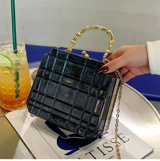 Black Grid Glossy Acrylic small Bag With Gold Bamboo Top Handle