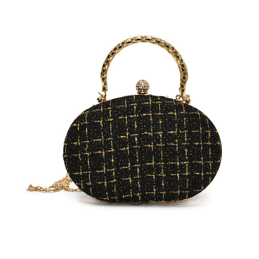 The Noire Luxe Oval Clutch – Black & Gold Plaid