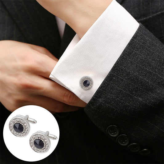 Flat Round Alloy Rhinestone Silver Cufflinks for Men