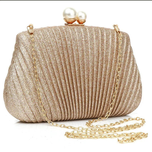 Luxe Gold Shell Glitter Evening  Clutch with Chain