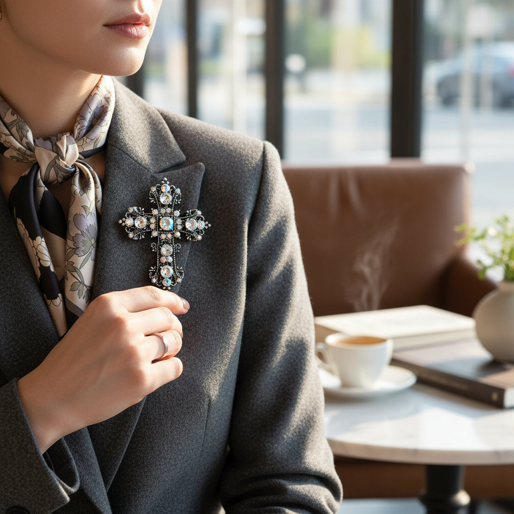 Elegant Black Cross Alloy Inlay Rhinestones Brooch