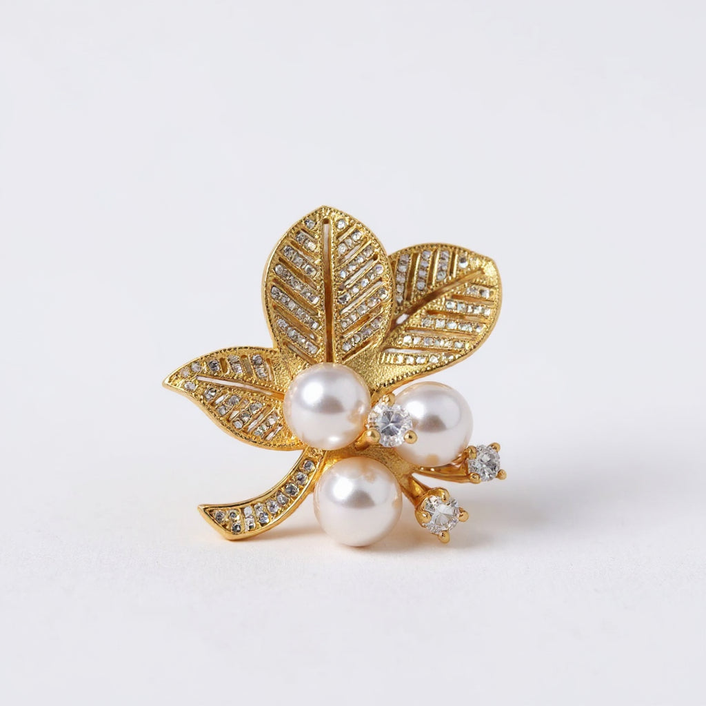 Gold Zircon Pearl Leaf Brooch for women