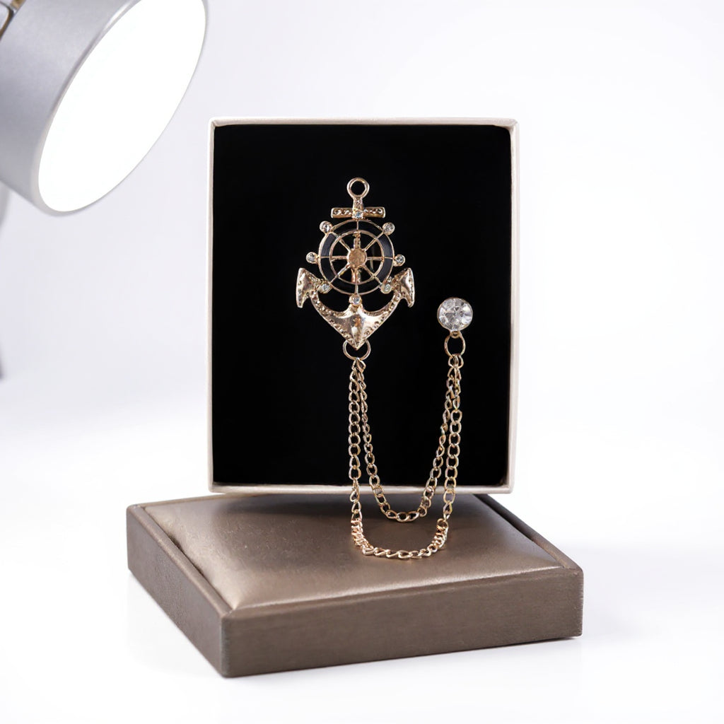 Elegant Gold Alloy Anchor & Helm Chain Brooch Unisex