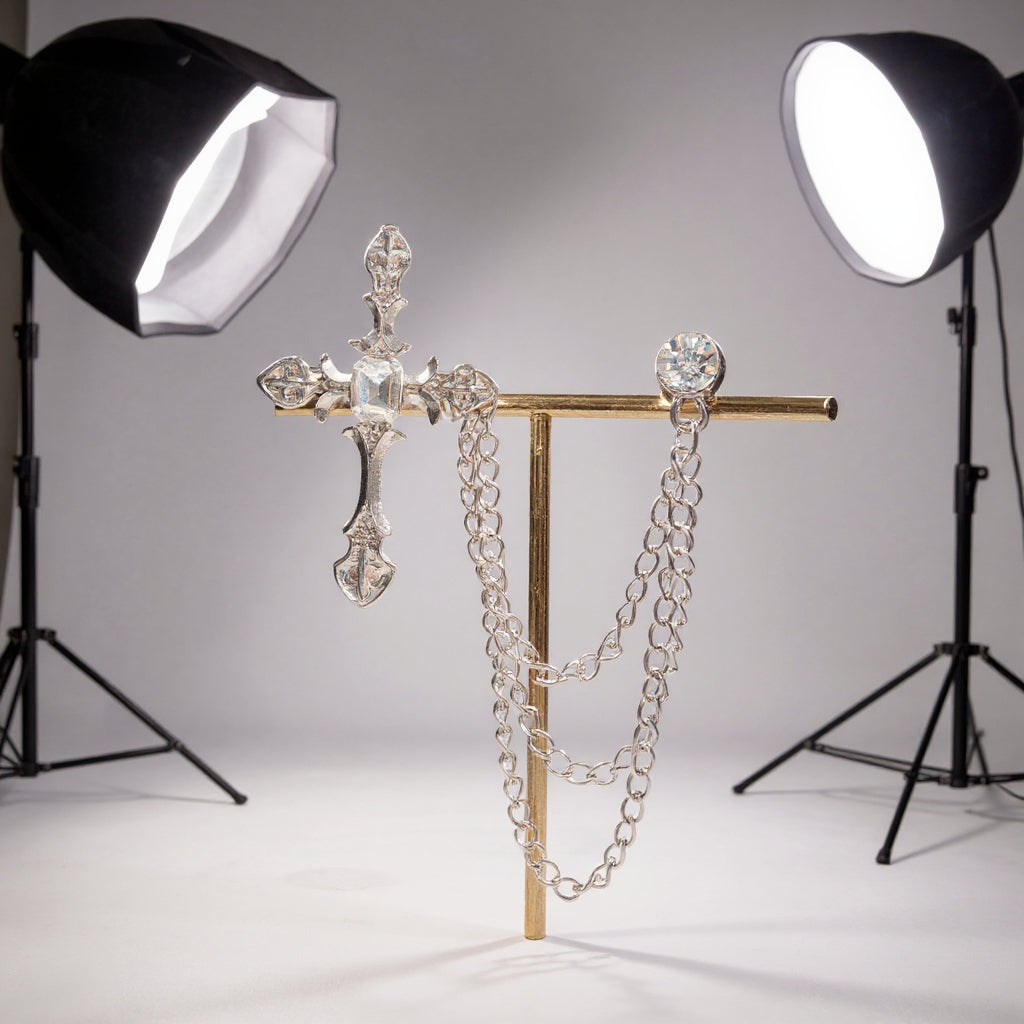Elegant Silver Cross Chain Brooch unisex