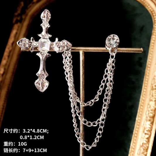Elegant Silver Cross Chain Brooch unisex