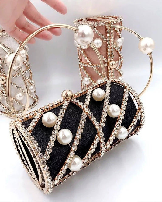 Crystal Pearl Cage Luxury  Clutch with Gold Chain