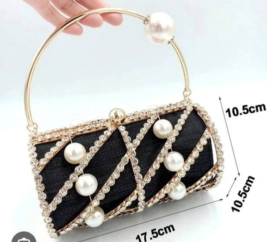 Crystal Pearl Cage Luxury  Clutch with Gold Chain